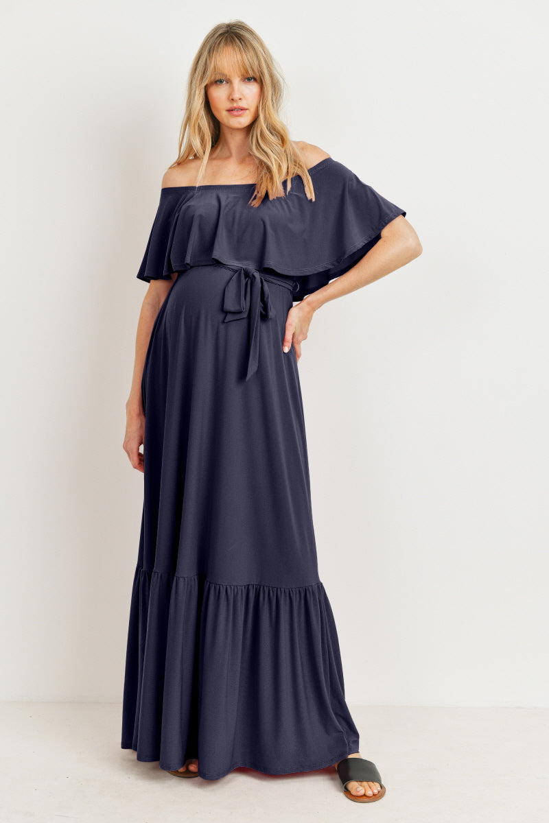 Hello Miz Tie Waist Off Shoulder Maternity Maxi Dress