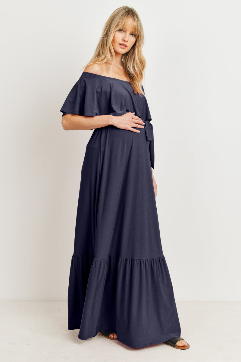Hello Miz Tie Waist Off Shoulder Maternity Maxi Dress