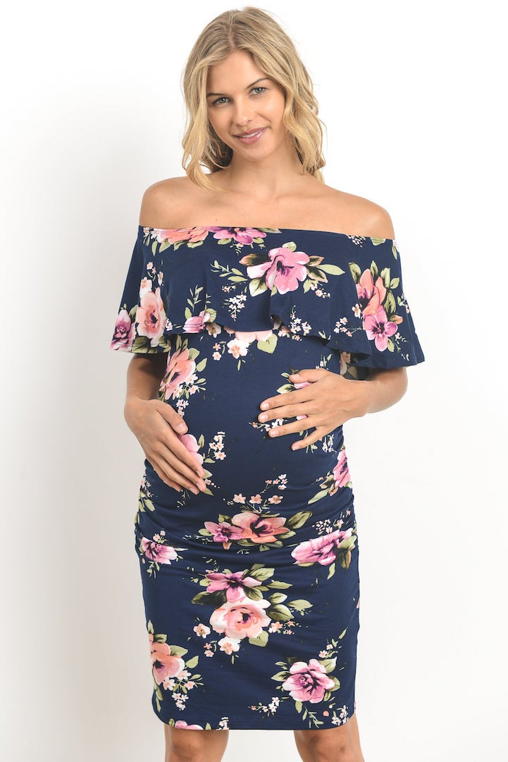 Navy Floral Off Shoulder Ruffle Mini Maternity Dress