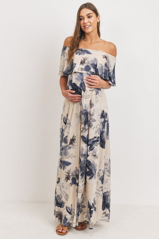 Taupe Floral Maternity Maxi Dress Ruffle Off Shoulder