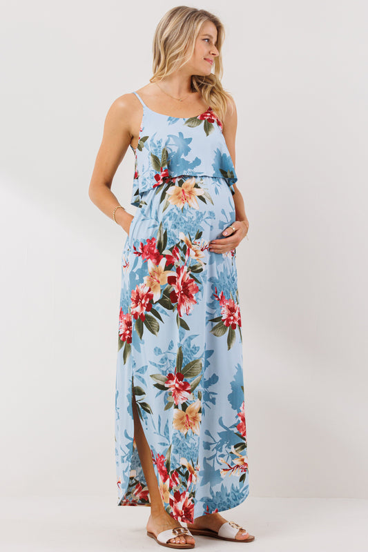 Blue Floral Overlay Top Maxi Maternity Nursing Dress