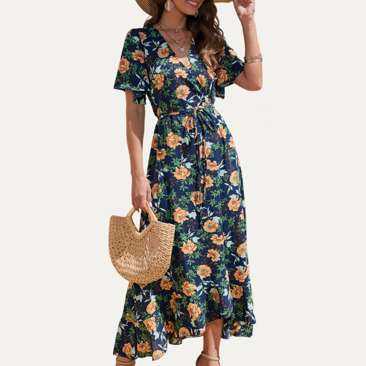 Navy Floral Wrap Maternity Nursing Maxi Dress
