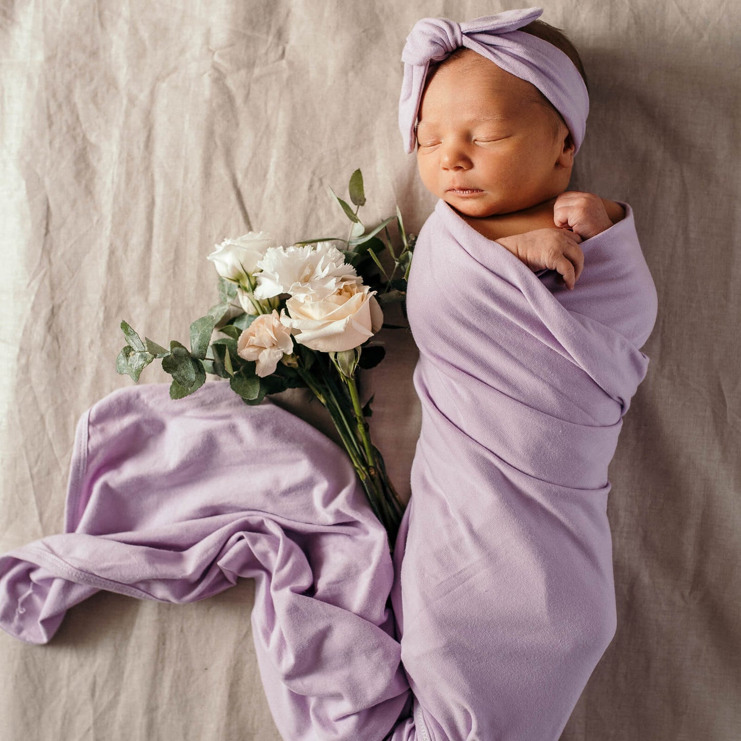 Snuggle Hunny Lilac Baby Wrap and Topknot Set