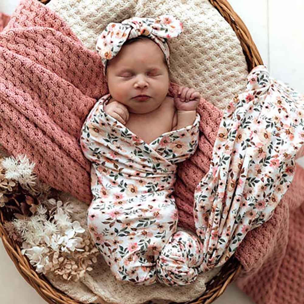 Snuggle Hunny Spring Floral Baby Jersey Wrap and Topknot Set