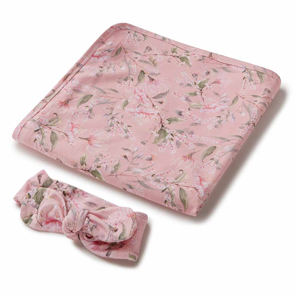 Snuggle Hunny Pink Wattle Baby Jersey Wrap and Topknot Set