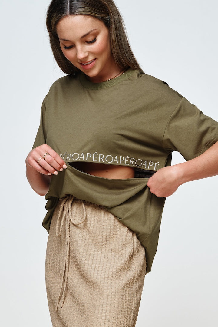 Apero Splice Embroidered Panel Tee Olive Green / Cream