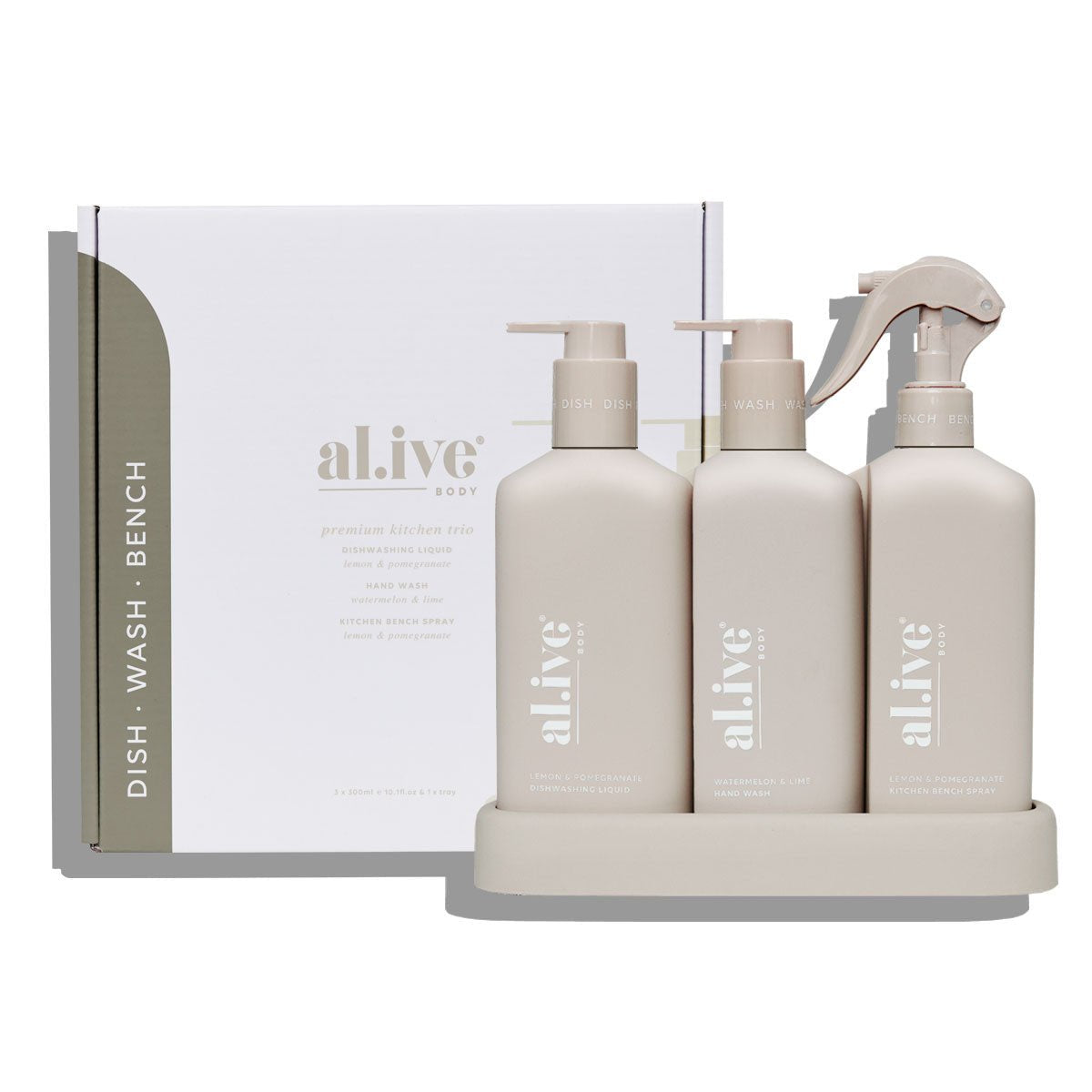 al.ive Kitchen Trio Dishwashing Liquid, Hand Wash and Bench Spray in Tray