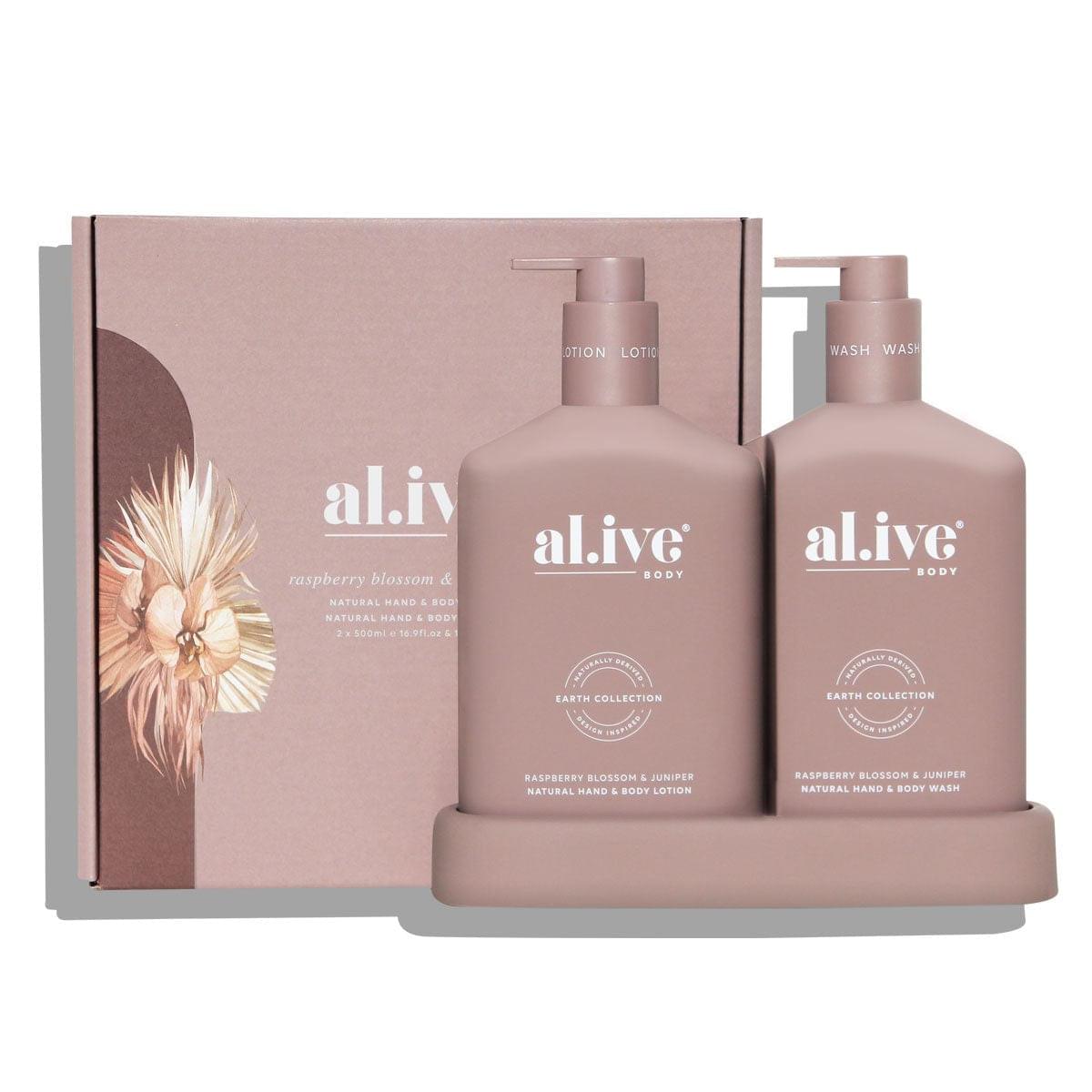 al.ive Raspberry Blossom & Juniper Hand and Body Wash/Lotion Duo + Tray