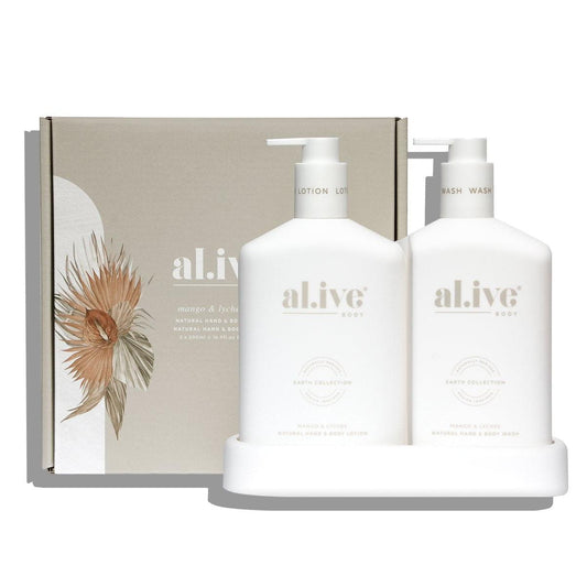 al.ive Mango Lychee Hand and Body Wash/Lotion Duo + Tray