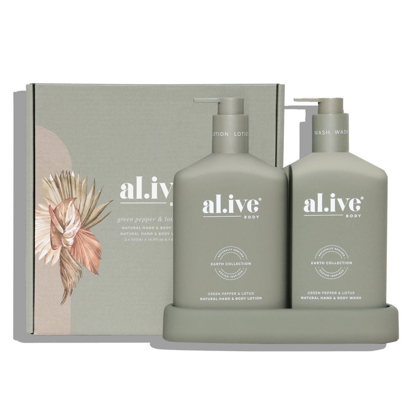 al.ive Green Pepper & Lotus Natural Hand Wash and Body Lotion Duo w/ Tray