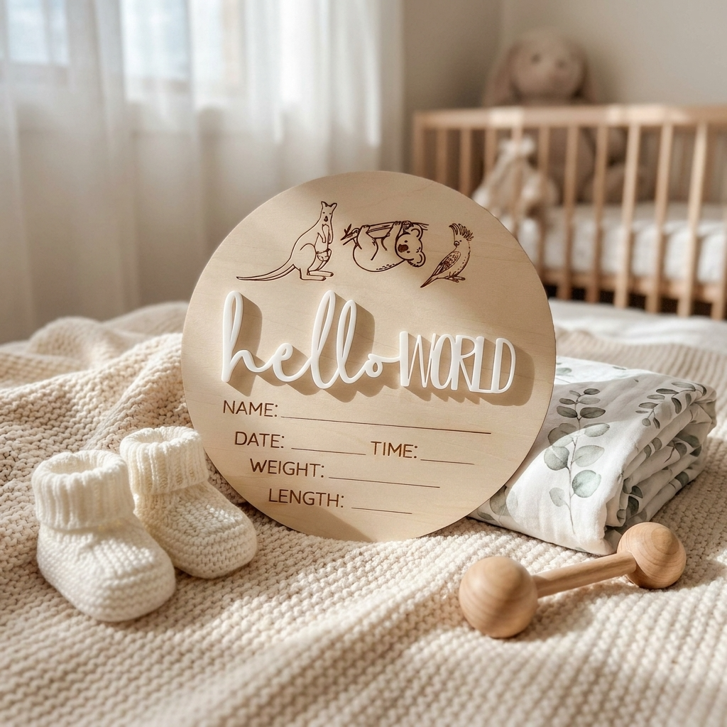 Hello World Australian Animals Baby Announcement Wooden Plaque