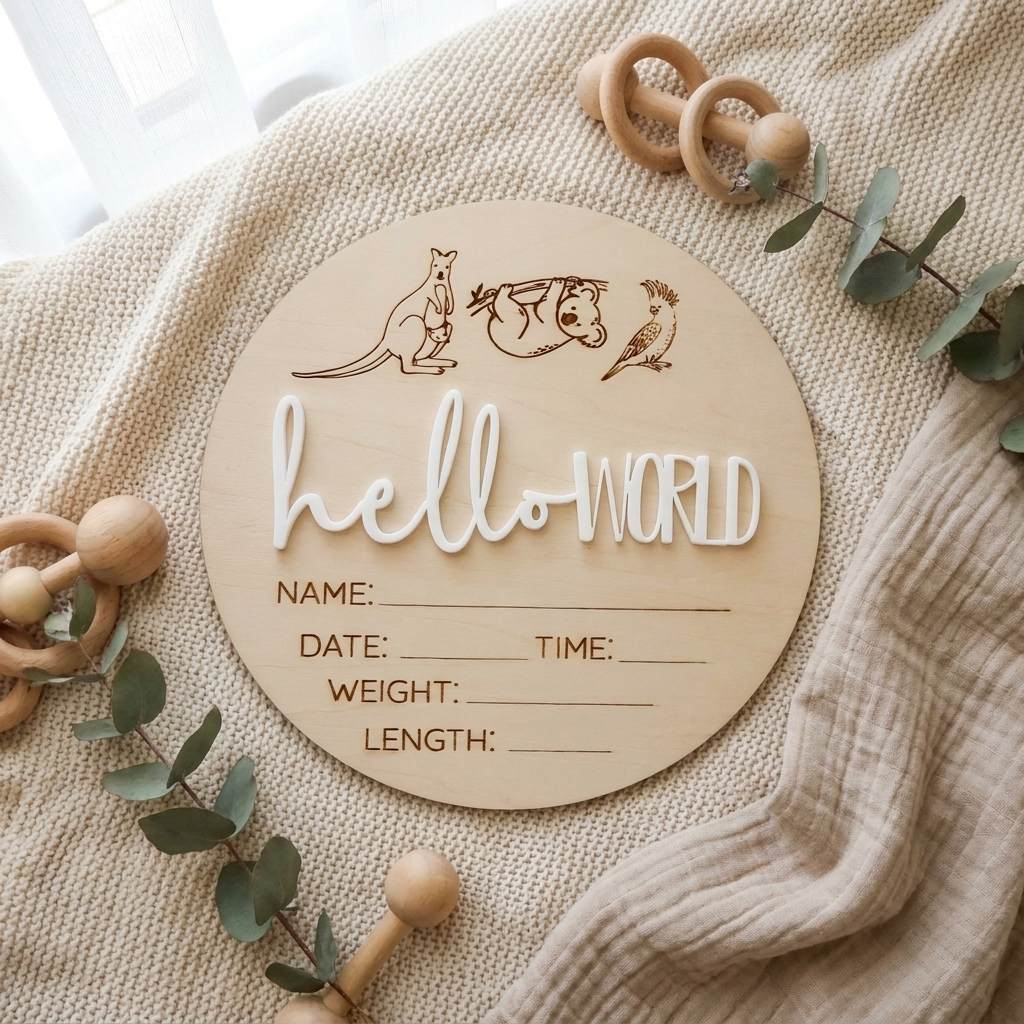 Hello World Australian Animals Baby Announcement Wooden Plaque