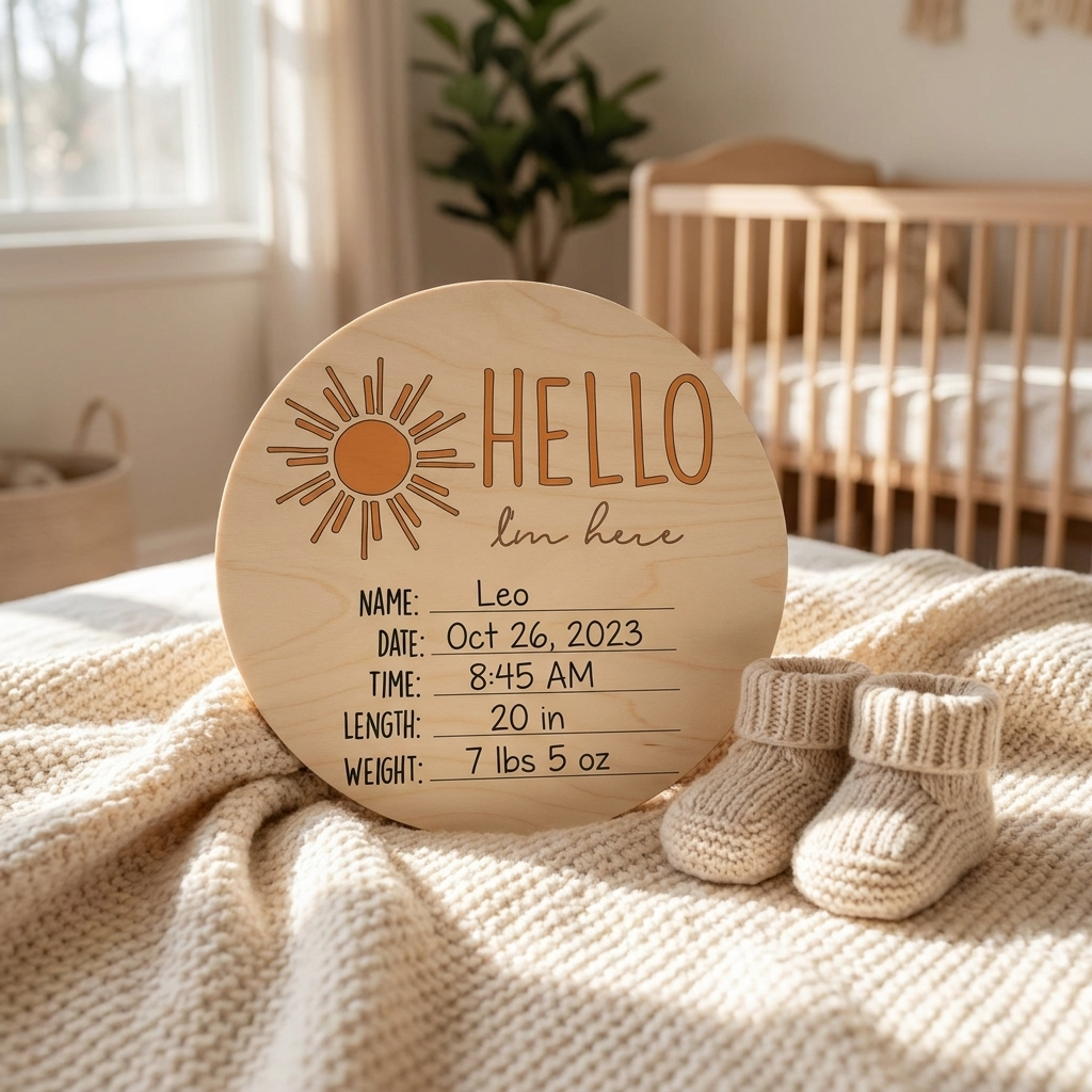 Hello I'm Here Sun Baby Announcement Wooden Plaque