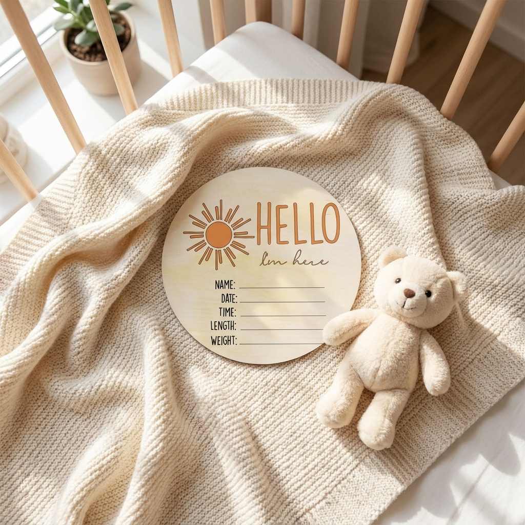 Hello I'm Here Sun Baby Announcement Wooden Plaque
