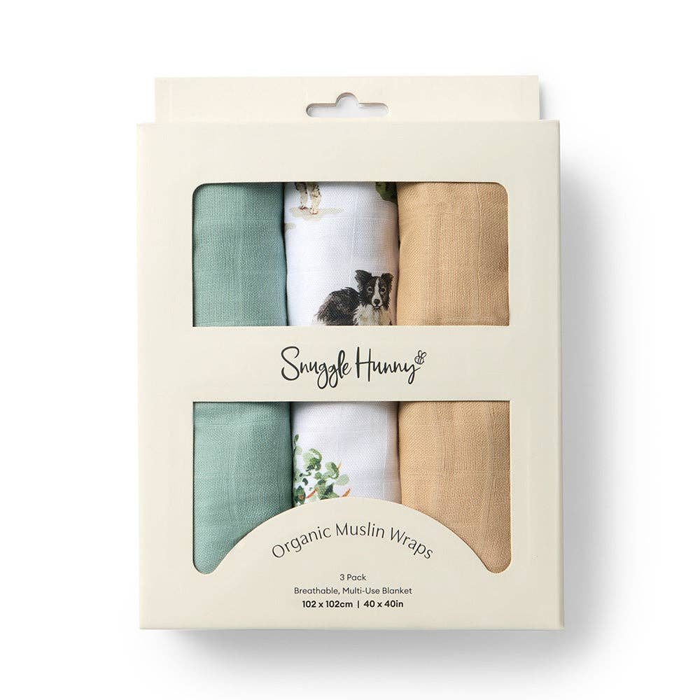 Large Organic Muslin Wraps 3 Pack - Dog Park/Sage/Pebble