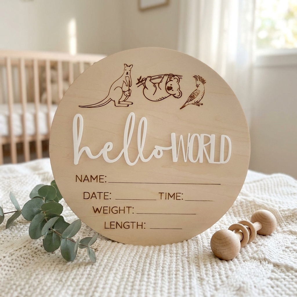 Hello World Australian Animals Baby Announcement Wooden Plaque
