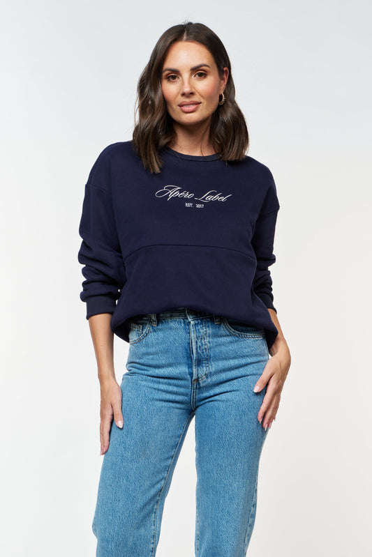 Apero Kennedy Embroidered Oversized Panel Jumper - Navy / White