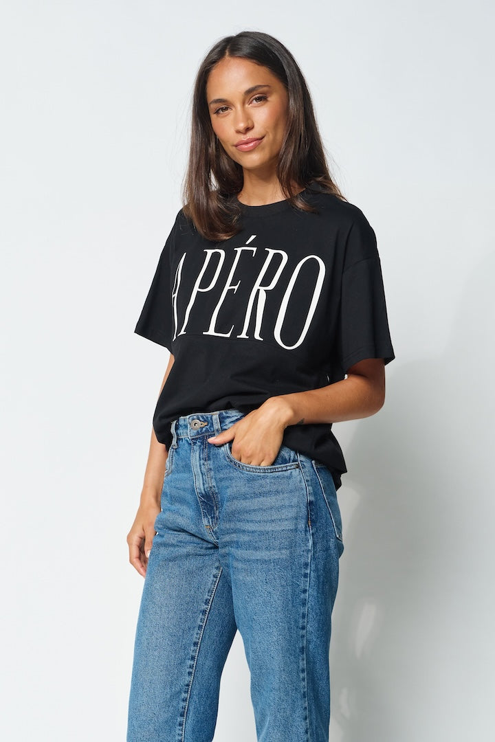 Apero Grande Printed Longline Panel Tee - Black / White