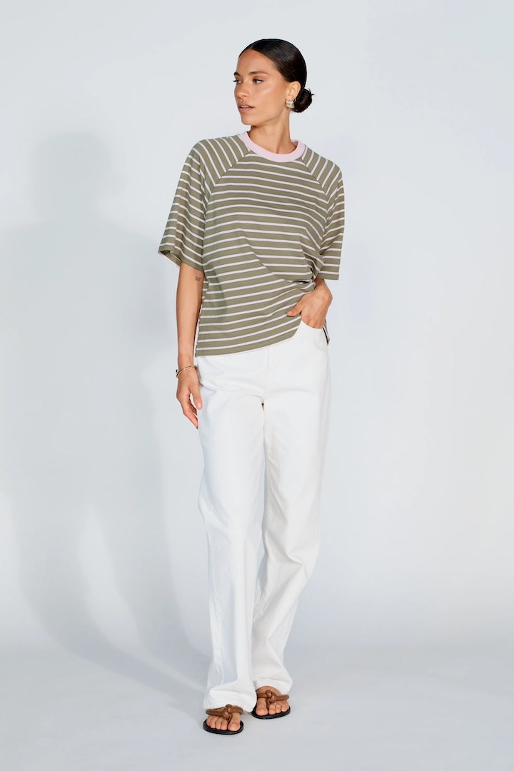 Apero Classique Stripe Box Cut Tee Khaki/Pink