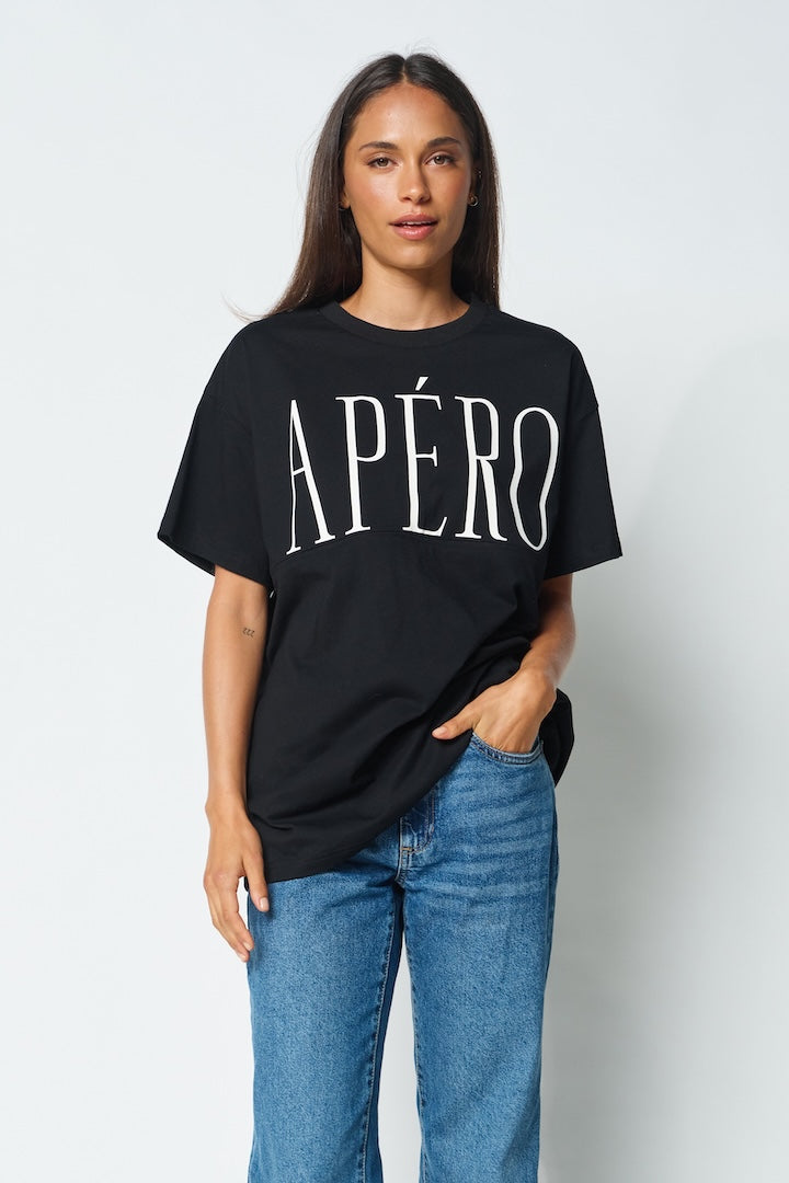 Apero Grande Printed Longline Panel Tee - Black / White