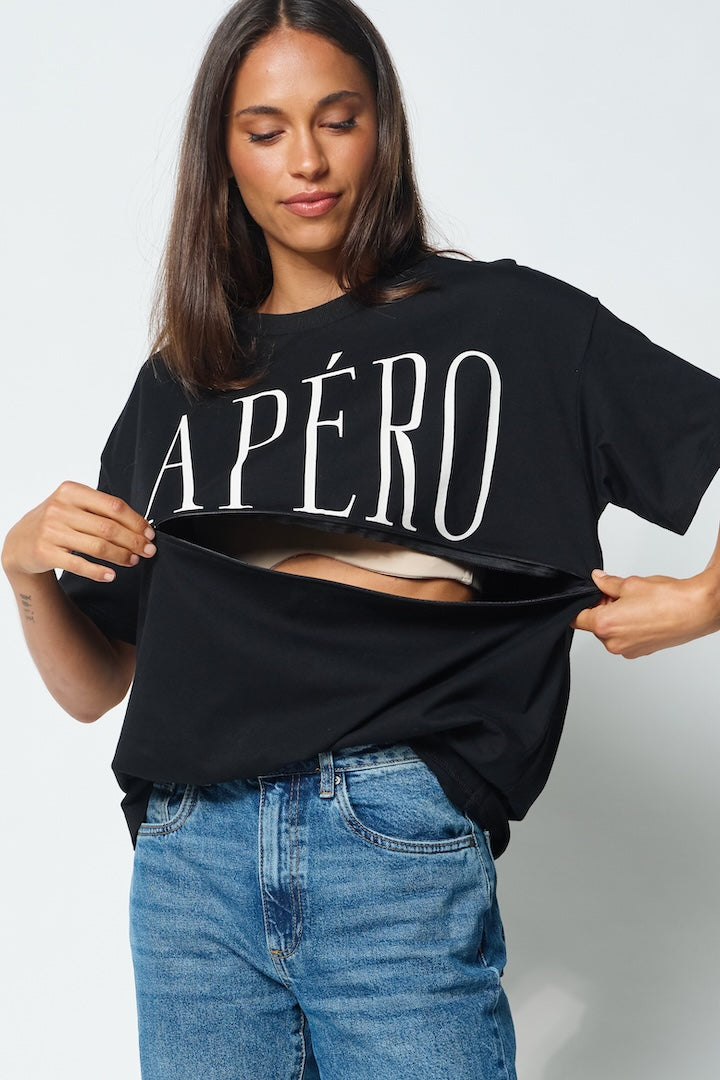 Apero Grande Printed Longline Panel Tee - Black / White