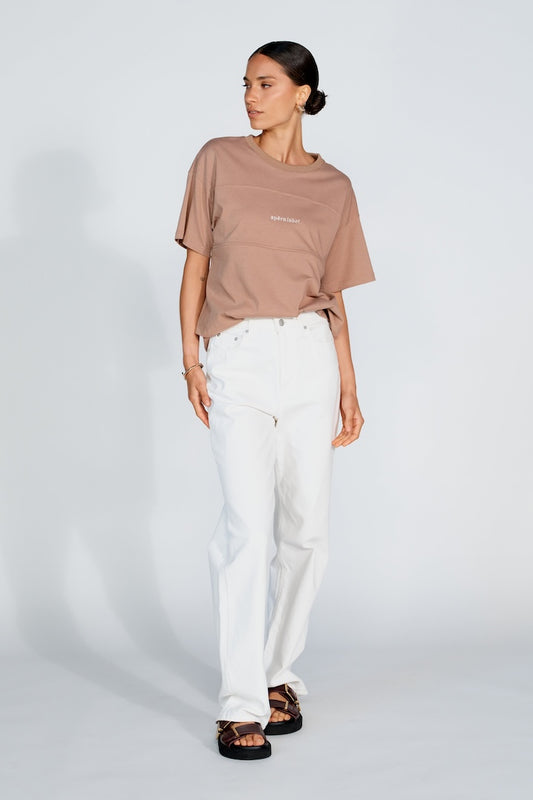 Apéro Minimalist Embroidered Longline Tee -  Mocha / Cream