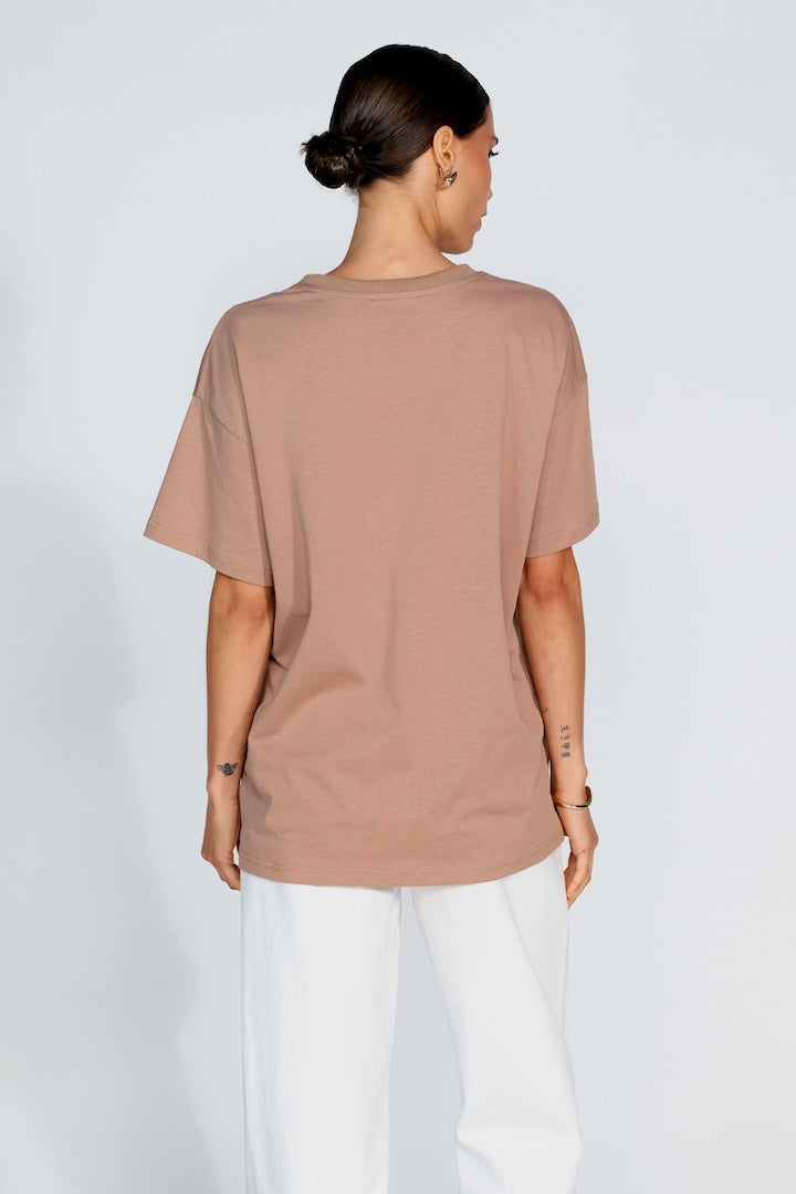 Apéro Minimalist Embroidered Longline Tee -  Mocha / Cream