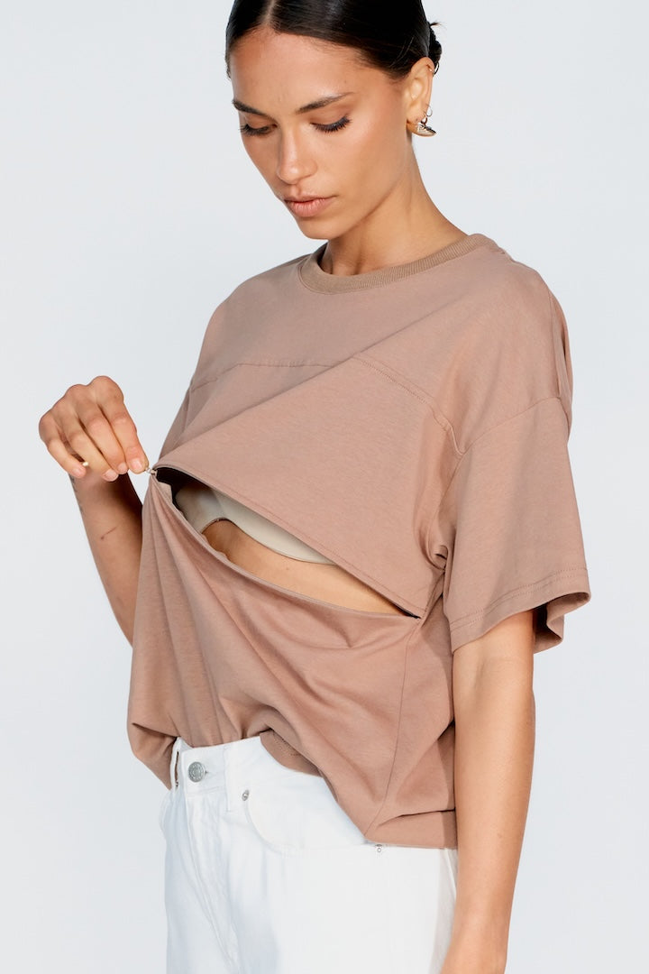 Apéro Minimalist Embroidered Longline Tee -  Mocha / Cream