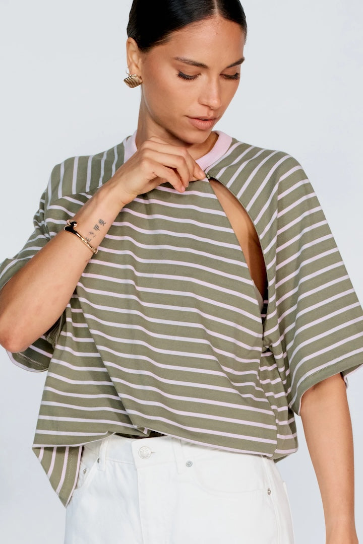 Apero Classique Stripe Box Cut Tee Khaki/Pink