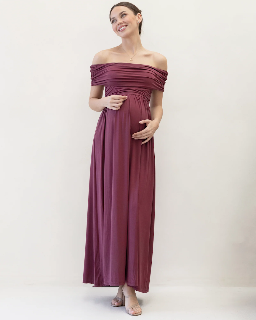 Ariana Maxi Maternity Moon Dress in Red WIne
