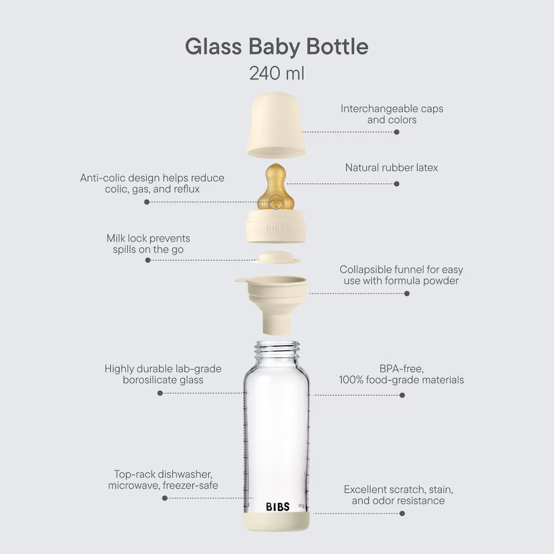 BIBS Glass Baby Bottle Complete Set 240ml Latex Teat