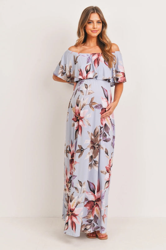 Light Blue Floral Maternity Maxi Dress Ruffle Off Shoulder