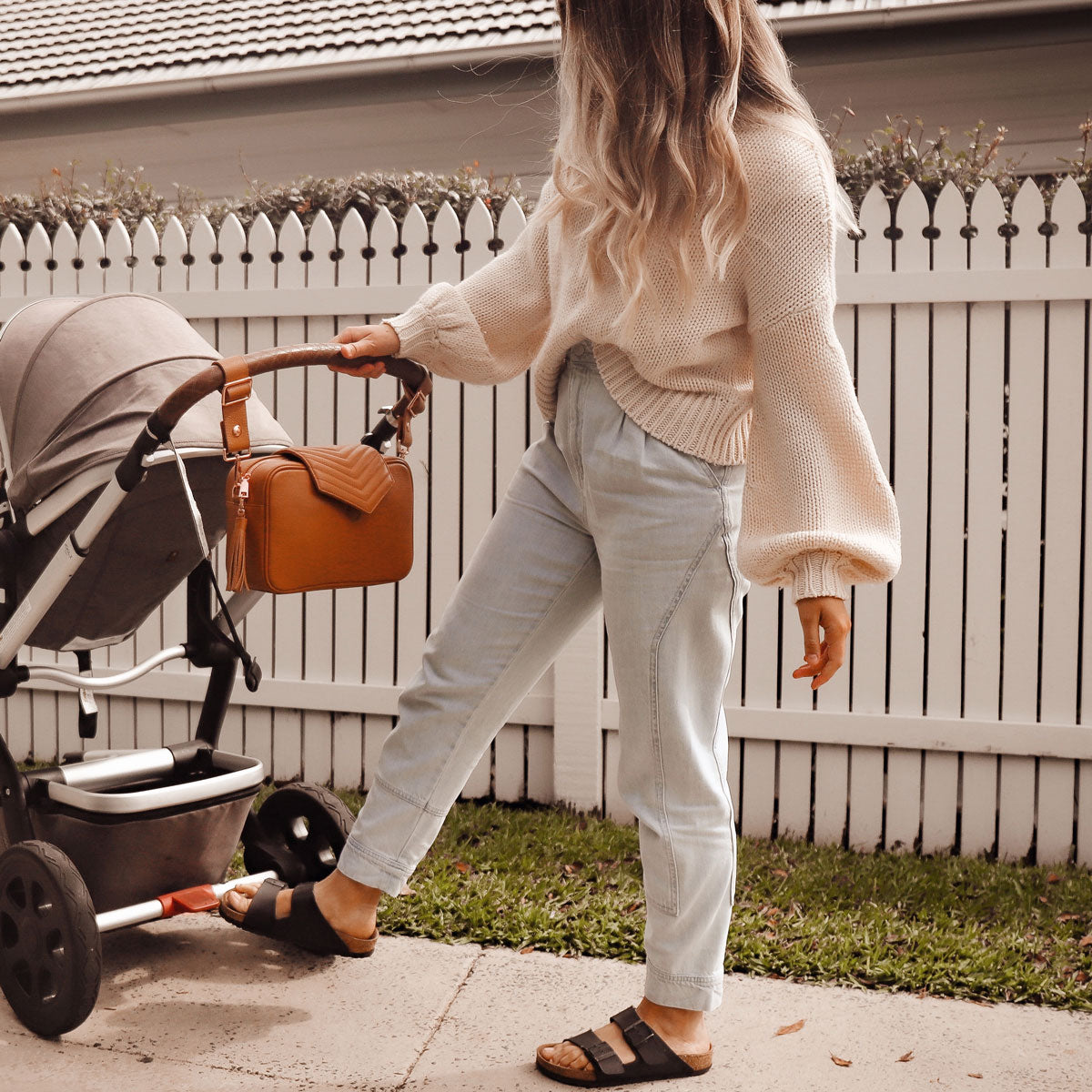 Baebina Cross Body Pram Caddy Organiser Tan - Genuine Leather