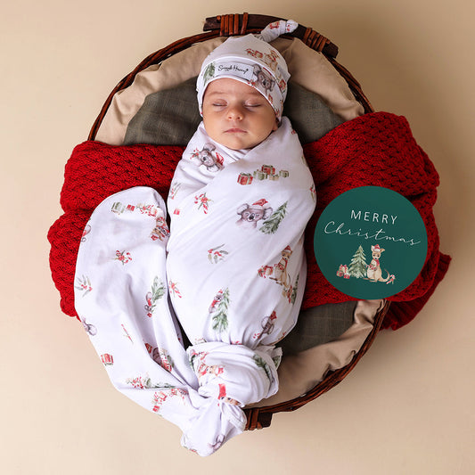 CHRISTMAS Kangas & Koalas Organic Jersey Wrap & Beanie Set + Milestone Card