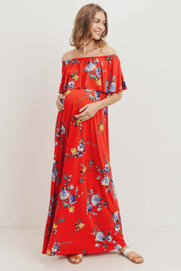 Red Floral Maternity Maxi Dress Ruffle Off Shoulder