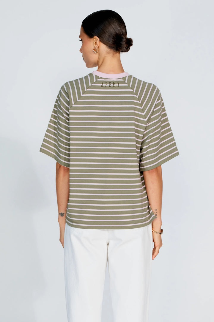 Apero Classique Stripe Box Cut Tee Khaki/Pink