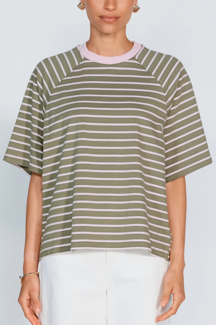 Apero Classique Stripe Box Cut Tee Khaki/Pink