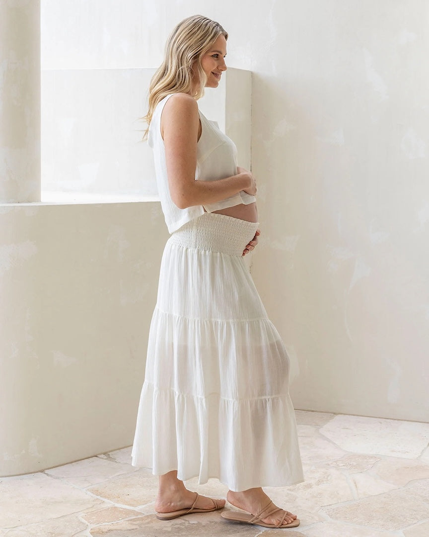 Ellie Maternity Shirred Maxi Skirt in White