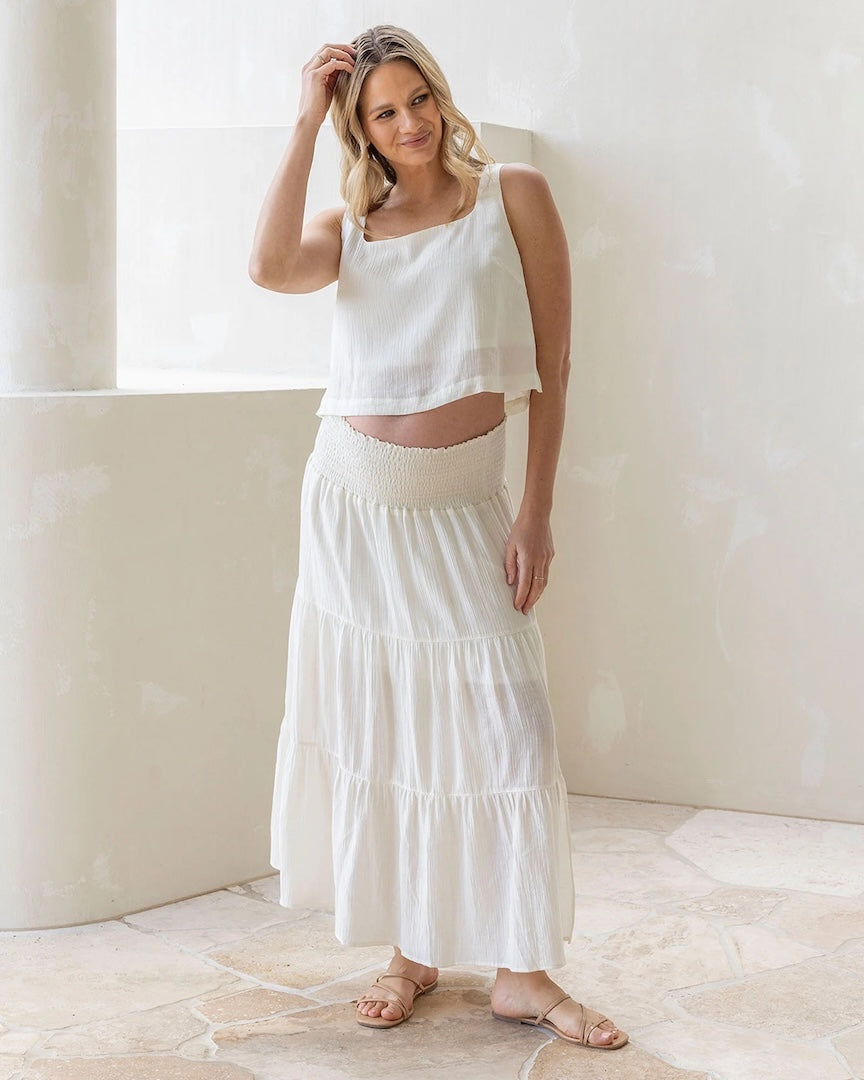 Ellie Maternity Shirred Maxi Skirt in White