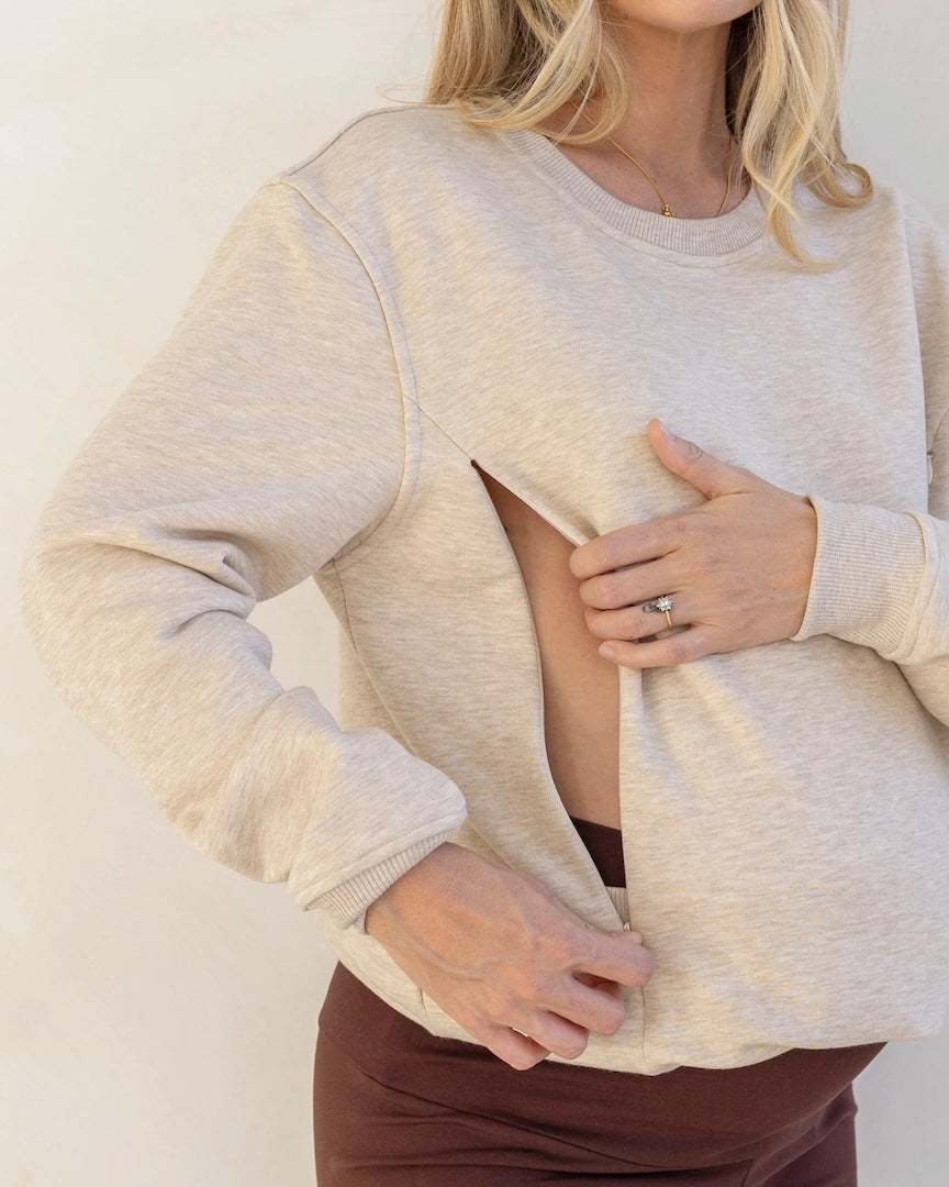 Harper Maternity/Nursing Sweatshirt with Zipper in Cream