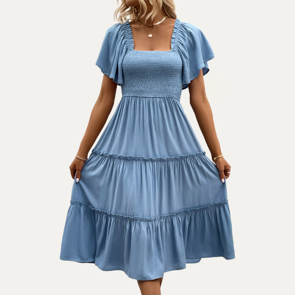 Joyful Day Dusty Blue Short Sleeve Ruffled Tiered Midi Dress