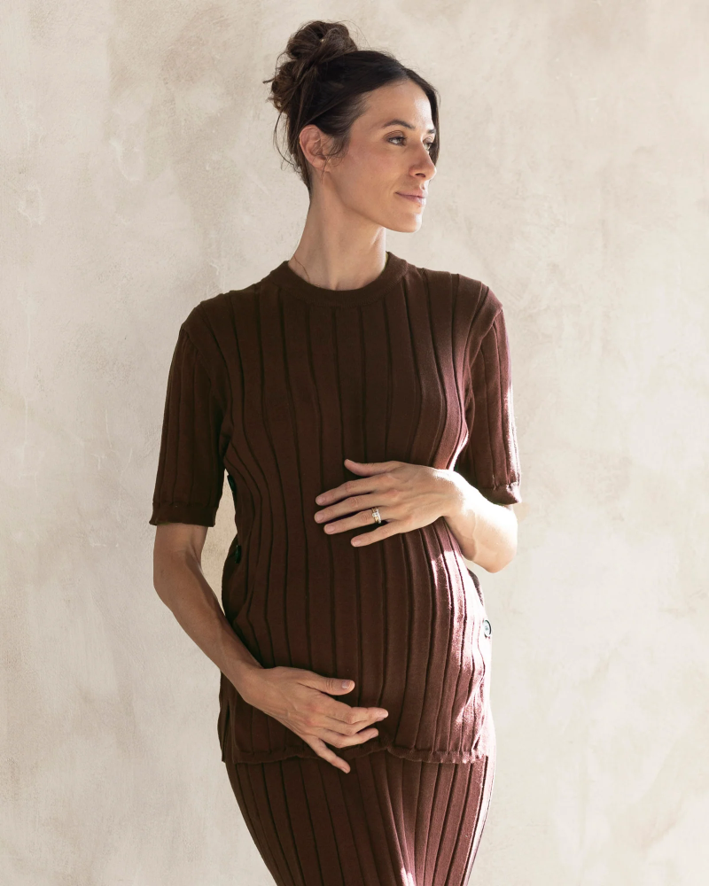 Alexis Side Split Maternity Knit Top in Chocolate Truffle