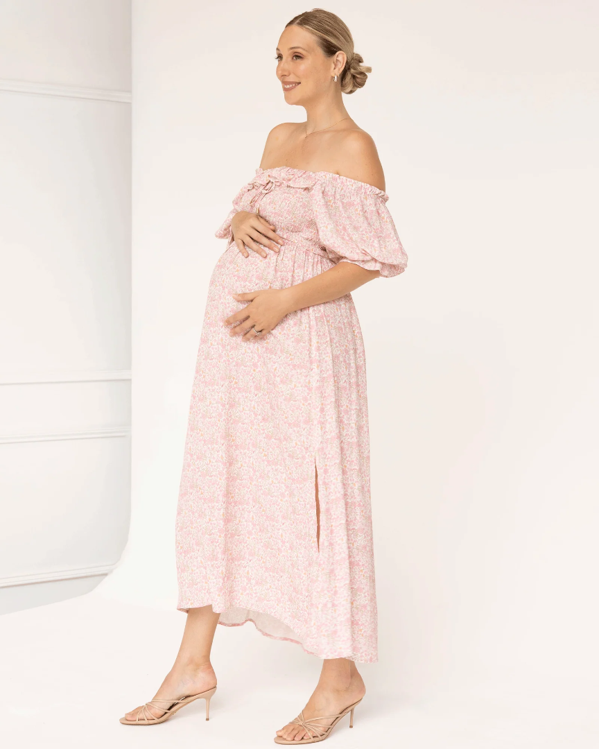 Amber Maternity Baby Shower Dress in Pink Floral