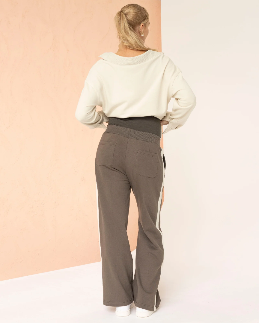 Ines Colour Contrast Side Panel Cotton Maternity Pants In Khaki