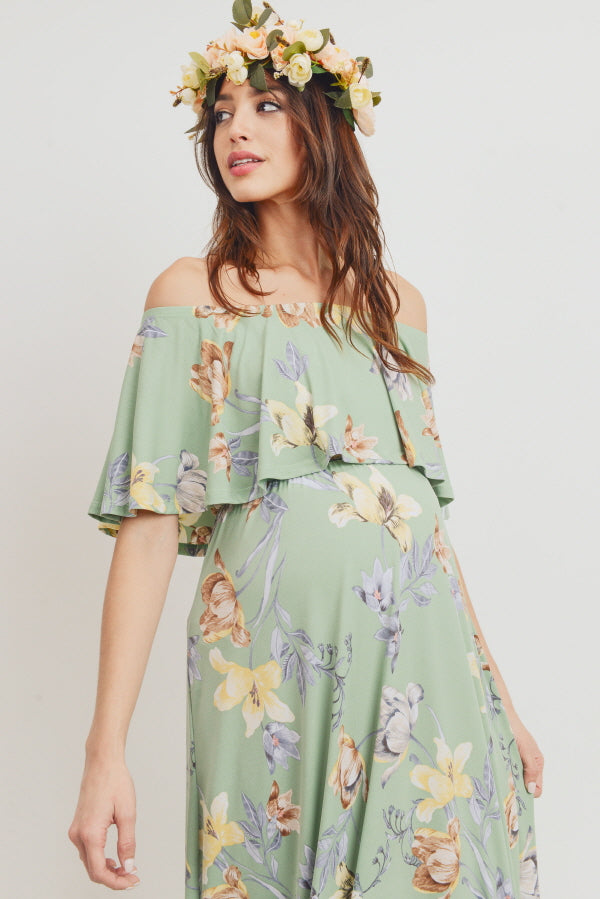 Sage Floral Maternity Maxi Dress Ruffle Off Shoulder