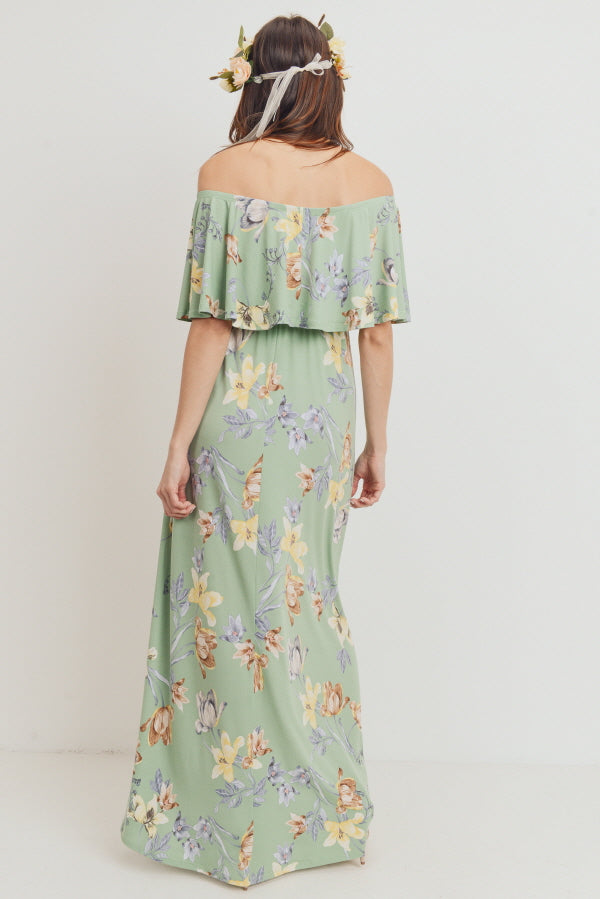 Sage Floral Maternity Maxi Dress Ruffle Off Shoulder