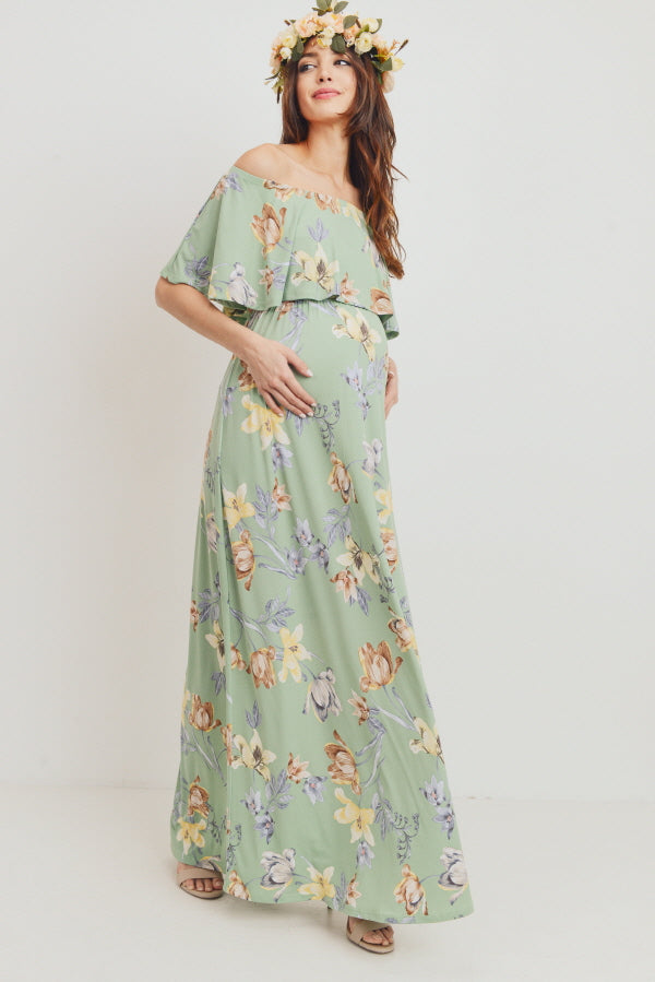 Sage Floral Maternity Maxi Dress Ruffle Off Shoulder