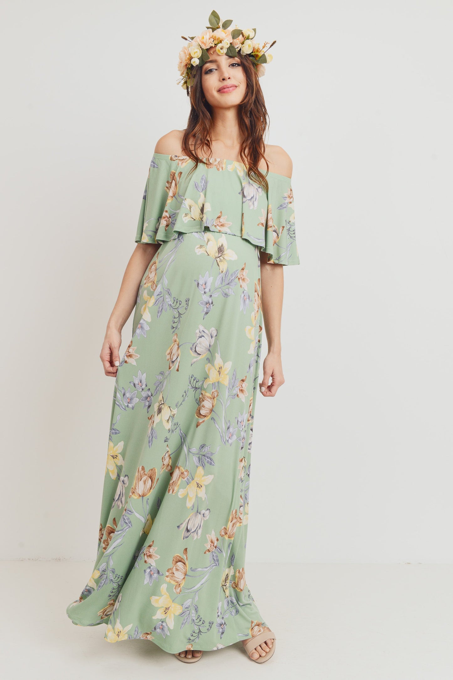 Sage Floral Maternity Maxi Dress Ruffle Off Shoulder