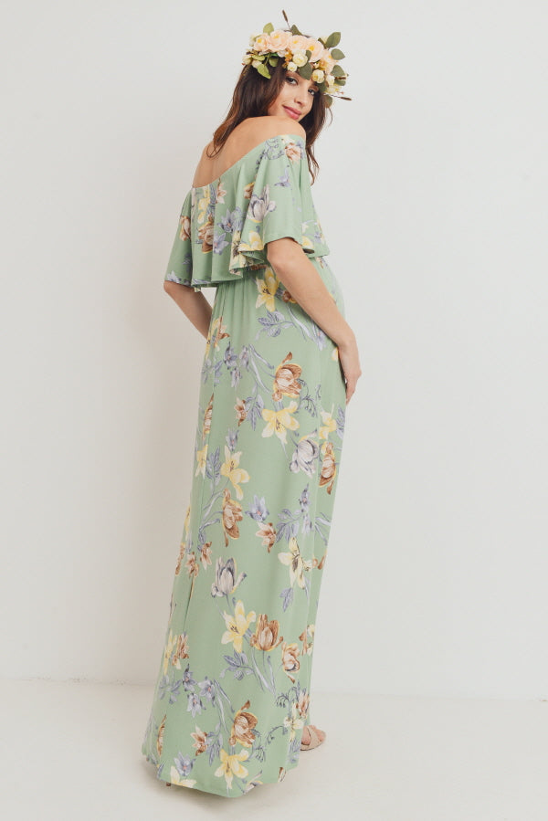 Sage Floral Maternity Maxi Dress Ruffle Off Shoulder