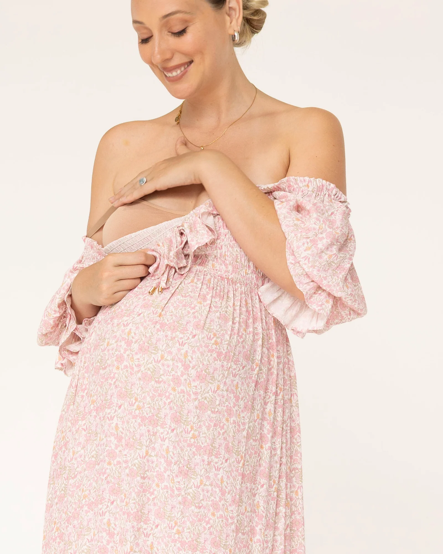Amber Maternity Baby Shower Dress in Pink Floral